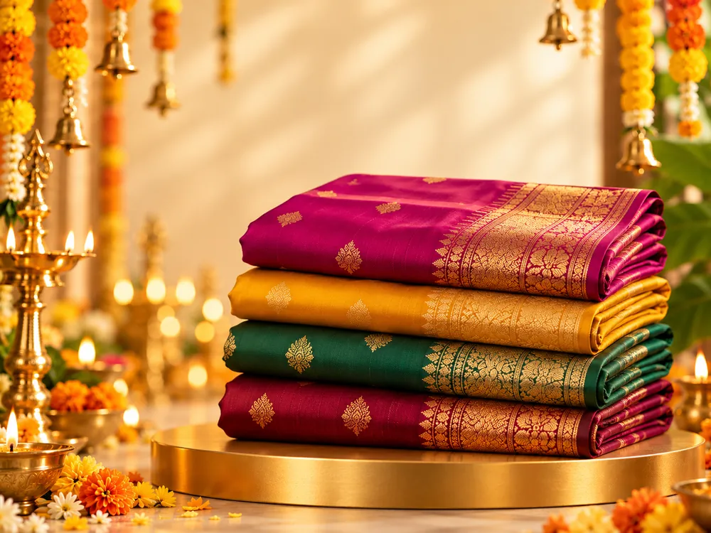Festive Silk and Cotton Sarees with Brass Diyas