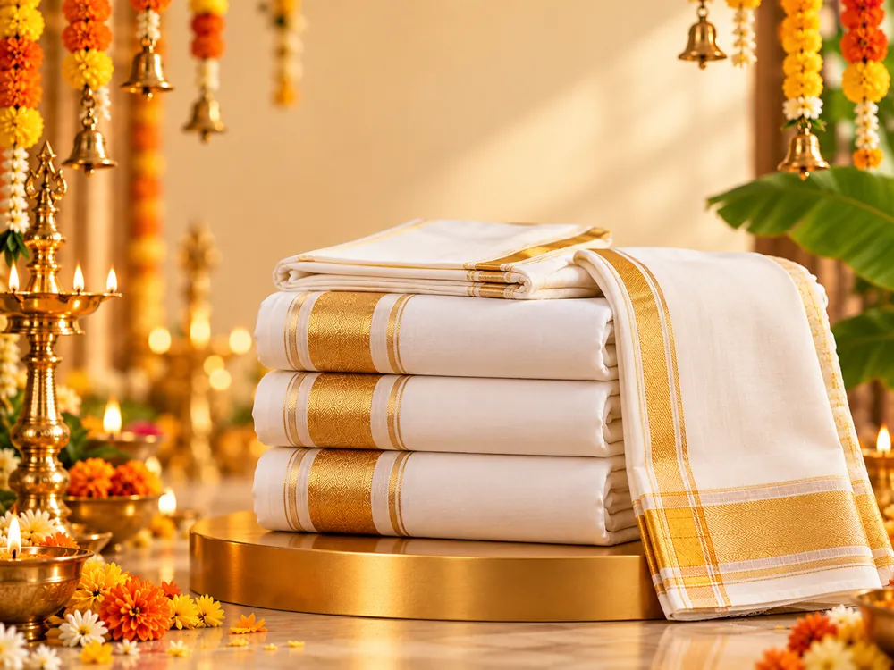 Traditional Golden Veshti and Angavastram Ceremony Still Life
